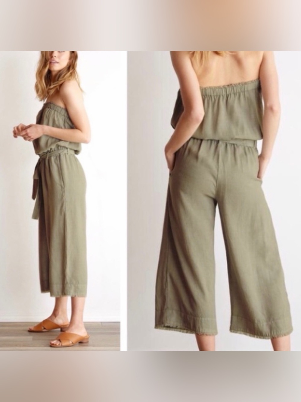 Cloth & Stone Strapless Fray Crop Belted Jumpsuit Size XS Light Olive Green